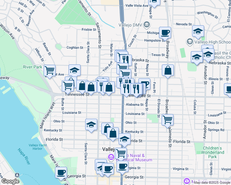 map of restaurants, bars, coffee shops, grocery stores, and more near 1518 Marin Street in Vallejo