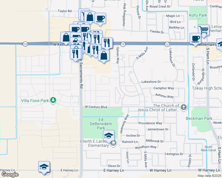 map of restaurants, bars, coffee shops, grocery stores, and more near 1900 Roualt Way in Lodi