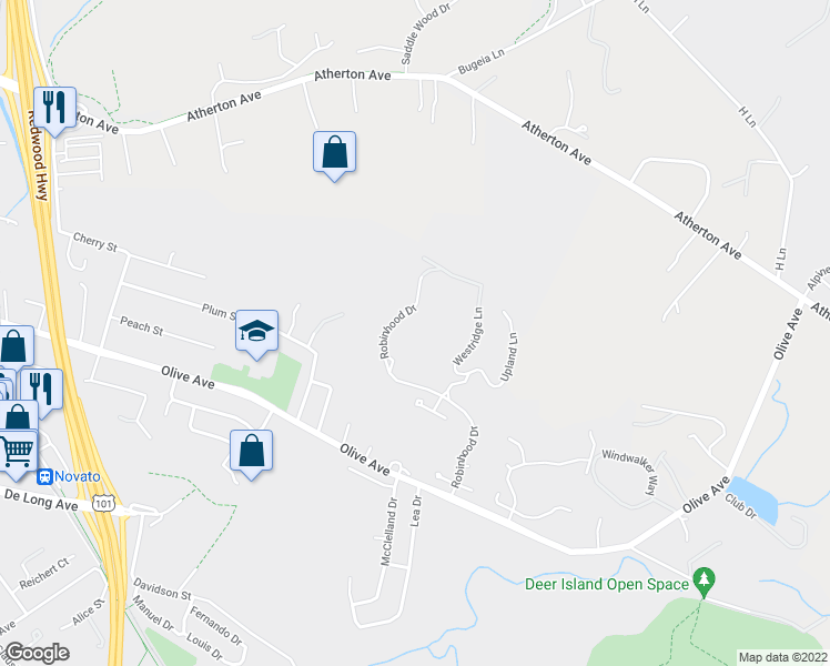 map of restaurants, bars, coffee shops, grocery stores, and more near 90 Robinhood Drive in Novato