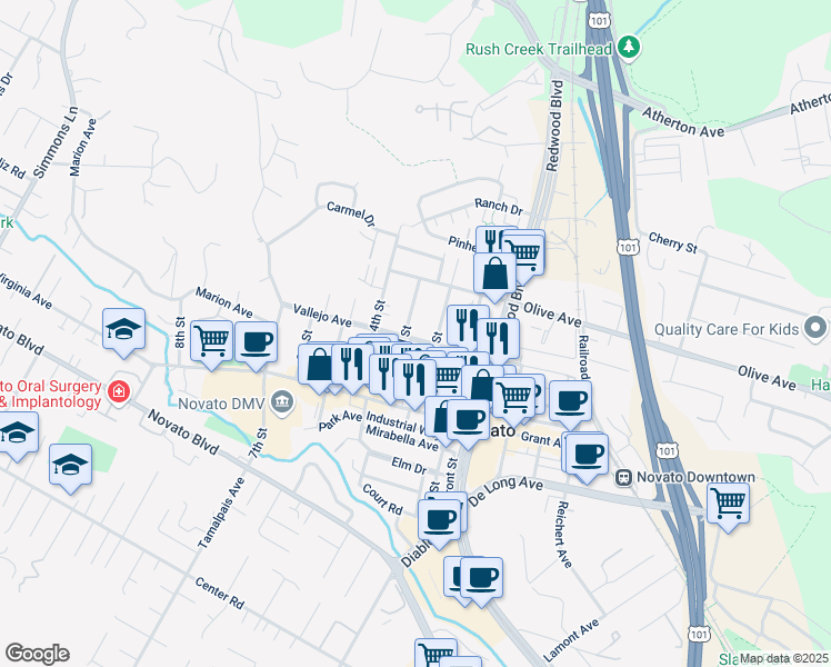map of restaurants, bars, coffee shops, grocery stores, and more near 1216 Vallejo Avenue in Novato