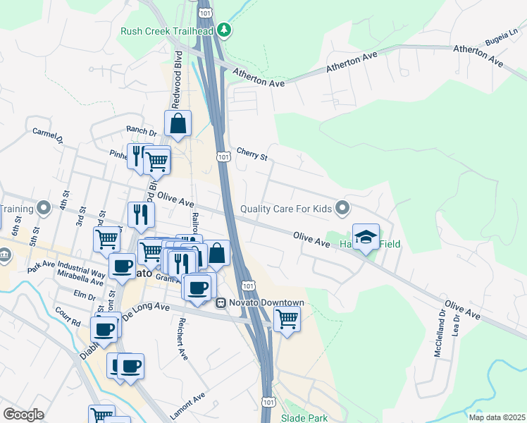 map of restaurants, bars, coffee shops, grocery stores, and more near 1206 Chase Street in Novato