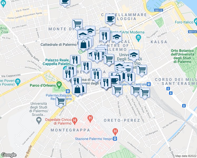 map of restaurants, bars, coffee shops, grocery stores, and more near Via del Giudice Michele in Palermo