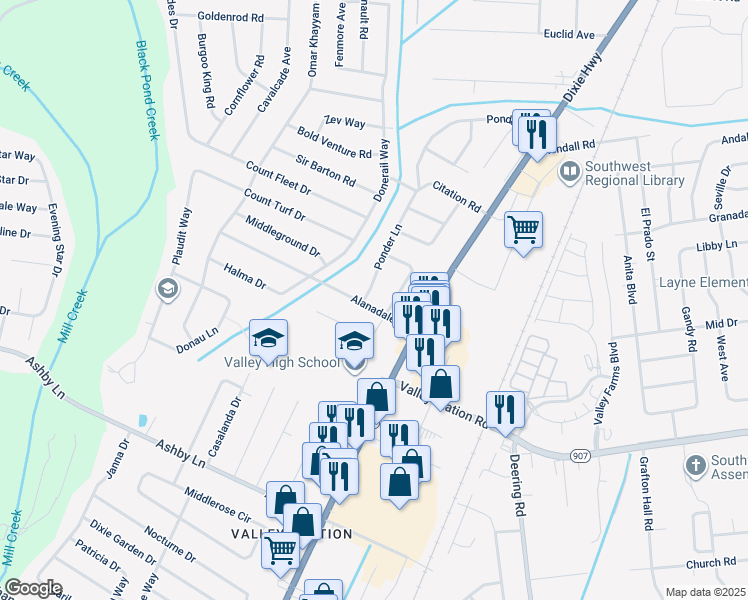 map of restaurants, bars, coffee shops, grocery stores, and more near 5805 Alanadale Drive in Louisville