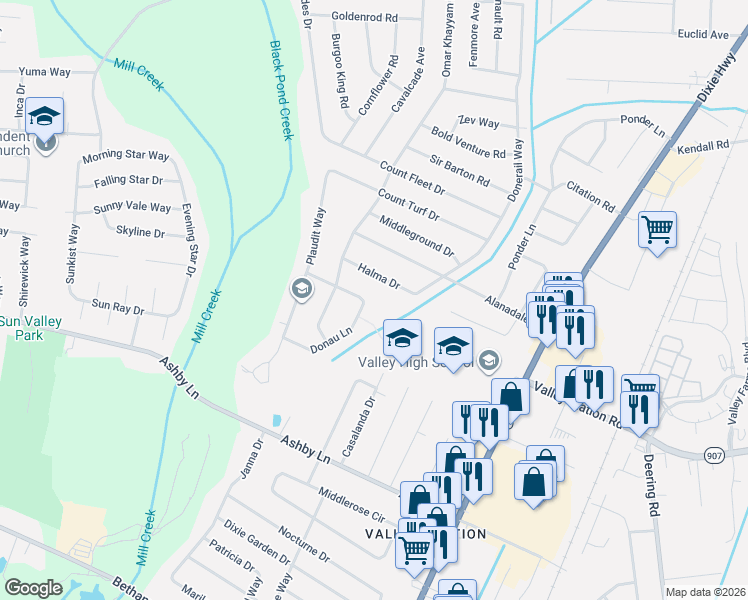 map of restaurants, bars, coffee shops, grocery stores, and more near 6001 Reigh Count Drive in Louisville
