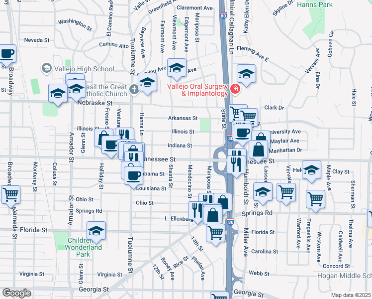 map of restaurants, bars, coffee shops, grocery stores, and more near 1939 Indiana Street in Vallejo