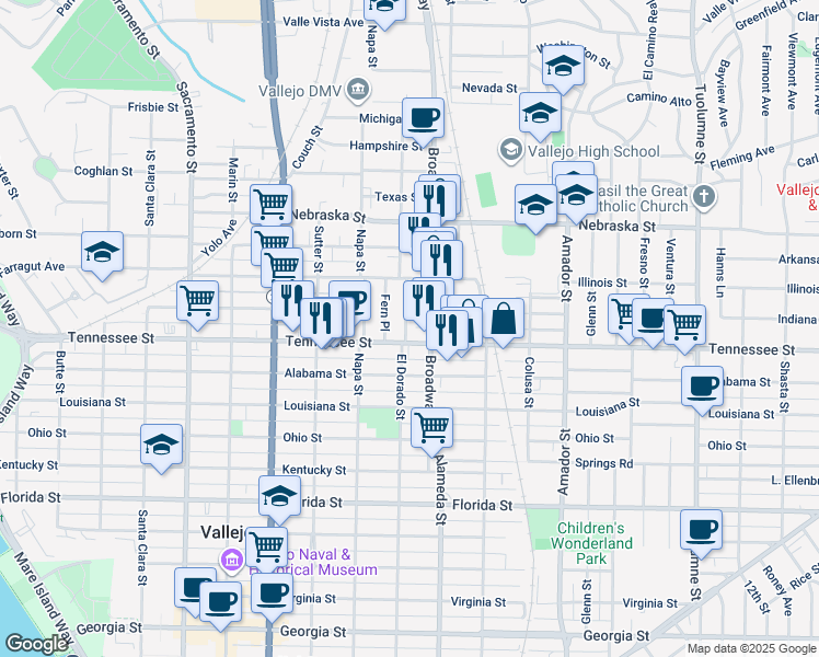 map of restaurants, bars, coffee shops, grocery stores, and more near 1520 El Dorado Street in Vallejo