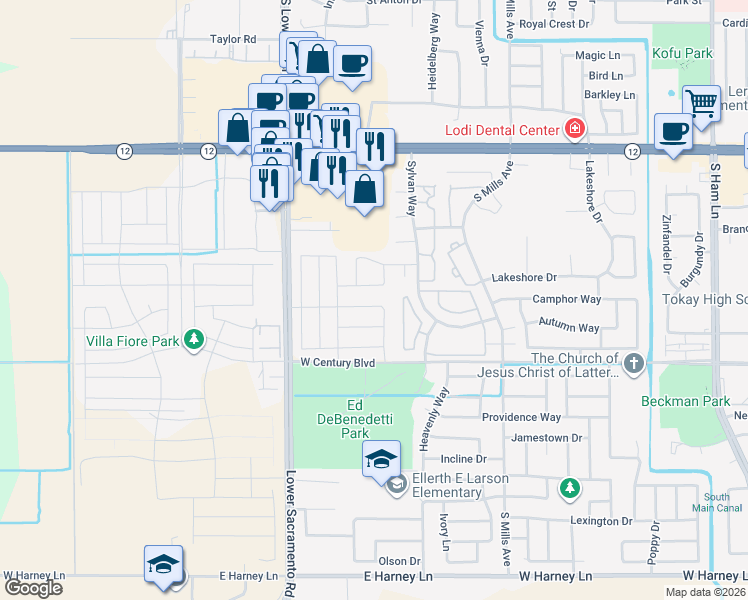 map of restaurants, bars, coffee shops, grocery stores, and more near 2313 Henri Lane in Lodi