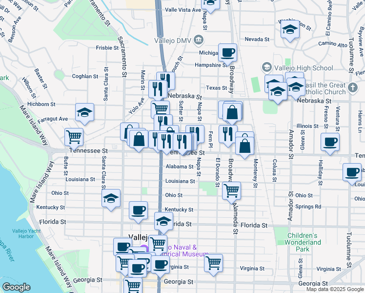 map of restaurants, bars, coffee shops, grocery stores, and more near 1710 Sutter Street in Vallejo