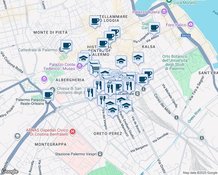 map of restaurants, bars, coffee shops, grocery stores, and more near 6 Via Dalmazio Birago in Palermo