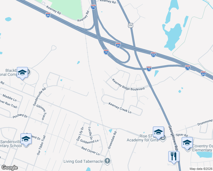 map of restaurants, bars, coffee shops, grocery stores, and more near 3233 Creek Path Lane in Lexington
