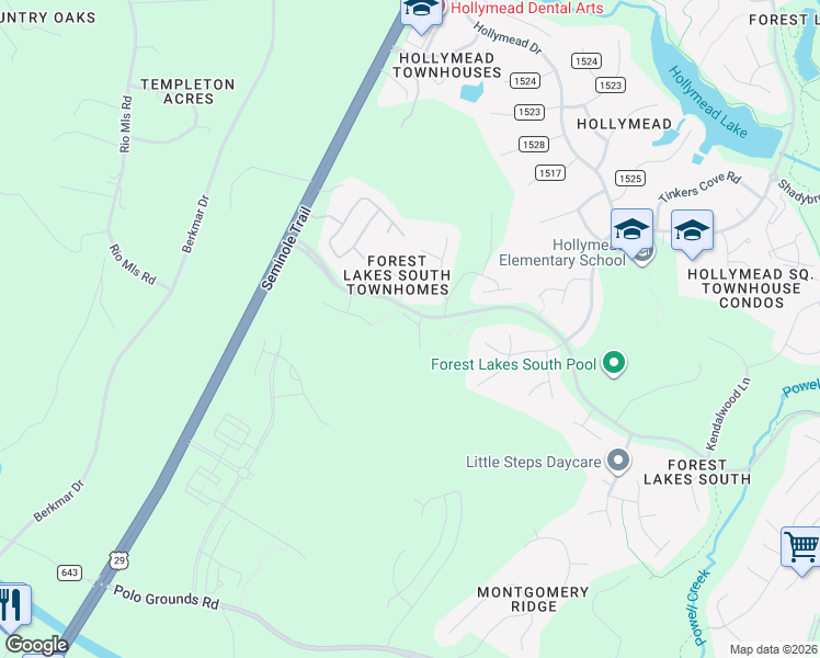 map of restaurants, bars, coffee shops, grocery stores, and more near 2614 Ravenscroft Way in Charlottesville