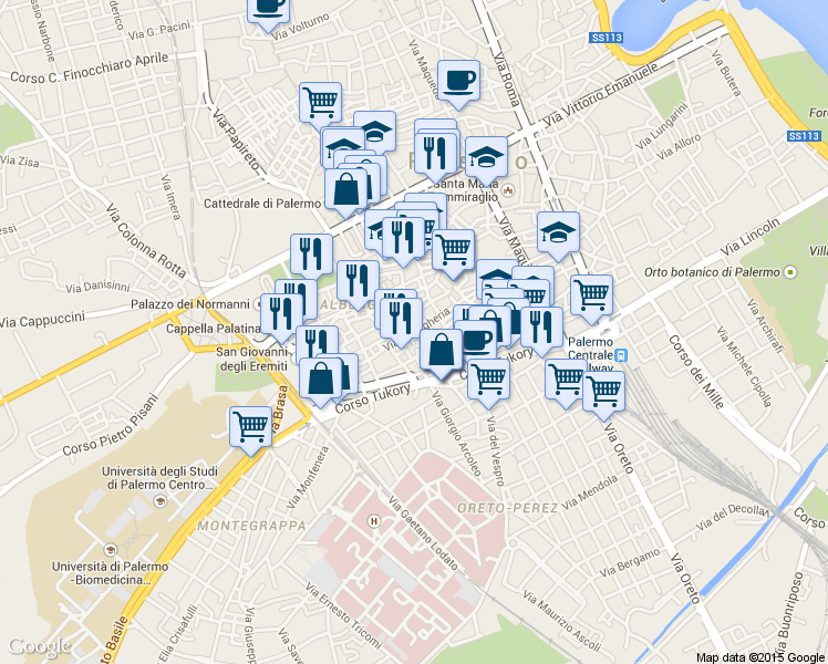 map of restaurants, bars, coffee shops, grocery stores, and more near Via del Giudice Michele in Palermo