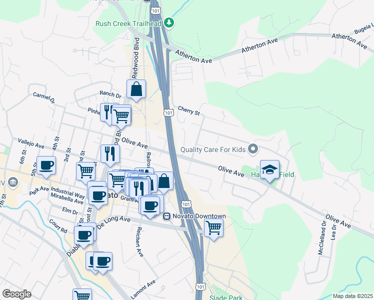 map of restaurants, bars, coffee shops, grocery stores, and more near 1206 Chase Street in Novato