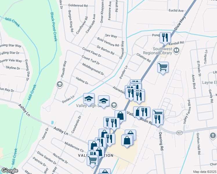 map of restaurants, bars, coffee shops, grocery stores, and more near 5816 Alanadale Drive in Louisville