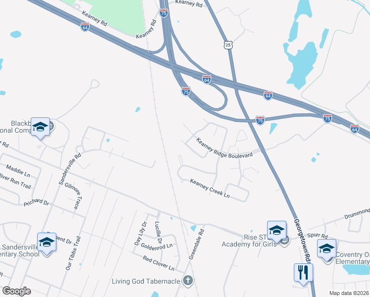 map of restaurants, bars, coffee shops, grocery stores, and more near 3233 Creek Path Lane in Lexington
