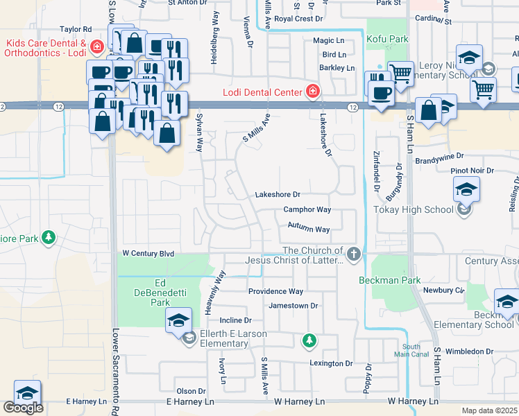 map of restaurants, bars, coffee shops, grocery stores, and more near 1933 Camphor Way in Lodi