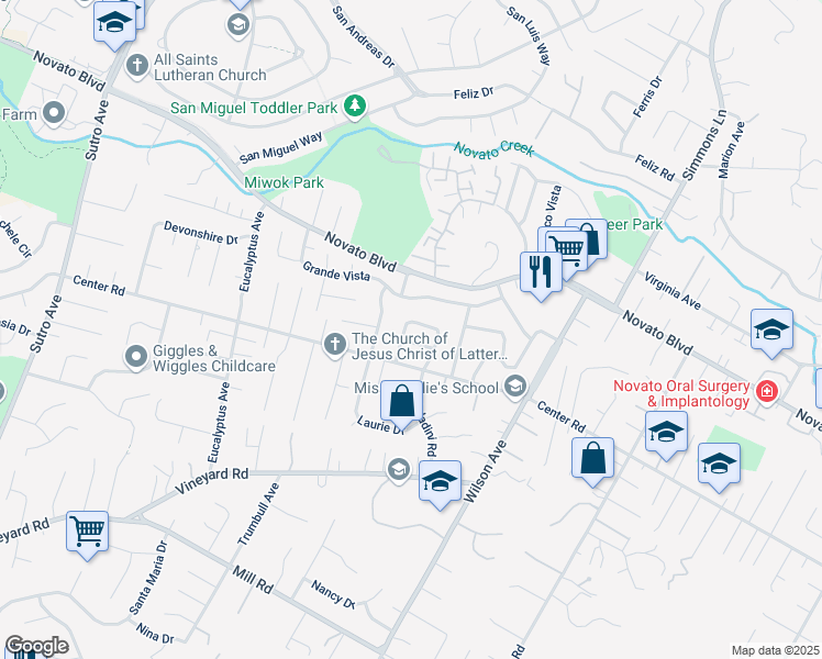map of restaurants, bars, coffee shops, grocery stores, and more near 105 Holstrom Circle in Novato