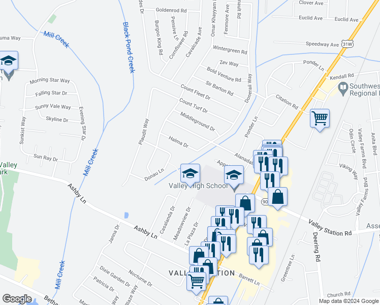 map of restaurants, bars, coffee shops, grocery stores, and more near 5906 Halma Drive in Louisville