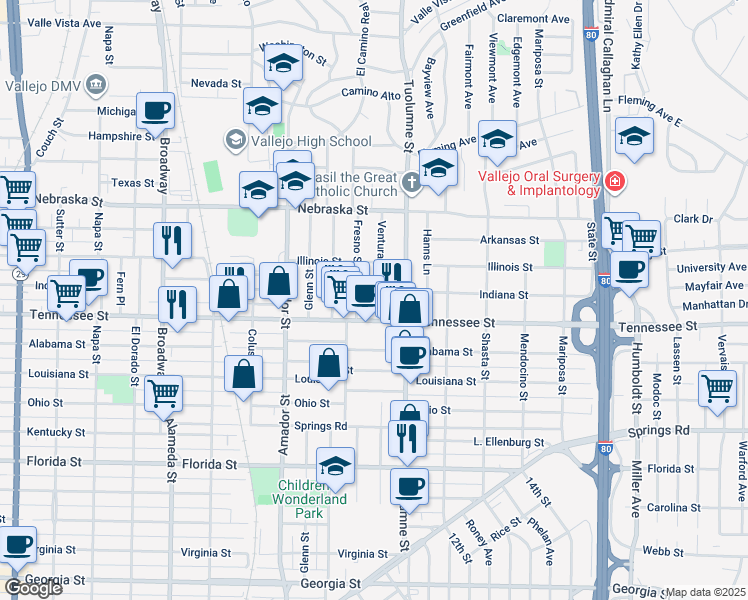 map of restaurants, bars, coffee shops, grocery stores, and more near 27 Ventura Street in Vallejo