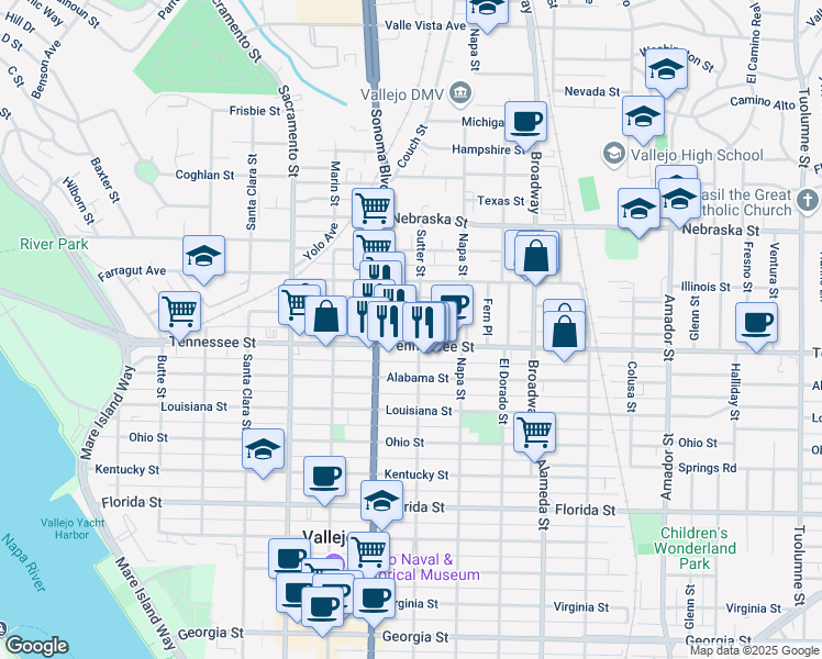 map of restaurants, bars, coffee shops, grocery stores, and more near 1710 Sutter Street in Vallejo