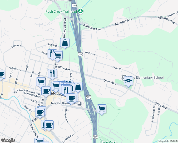 map of restaurants, bars, coffee shops, grocery stores, and more near 1206 Chase Street in Novato