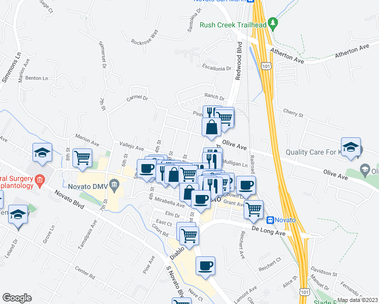 map of restaurants, bars, coffee shops, grocery stores, and more near 1112 2nd Street in Novato