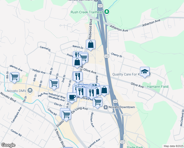 map of restaurants, bars, coffee shops, grocery stores, and more near Mulligan Lane in Novato