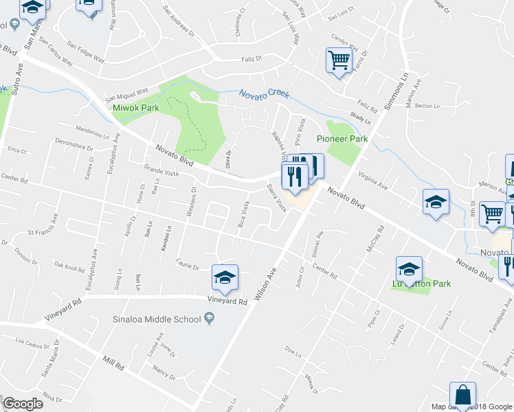 map of restaurants, bars, coffee shops, grocery stores, and more near 88 Buena Vista in Novato