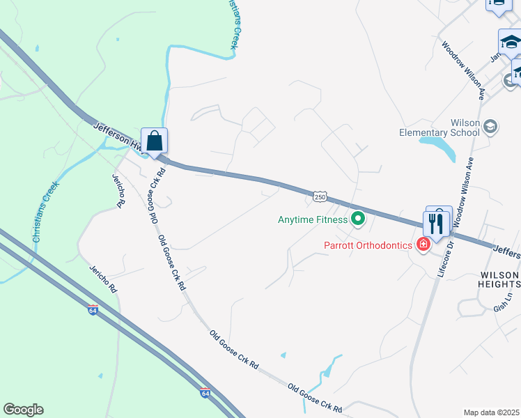 map of restaurants, bars, coffee shops, grocery stores, and more near 46 Greenview Drive in Staunton