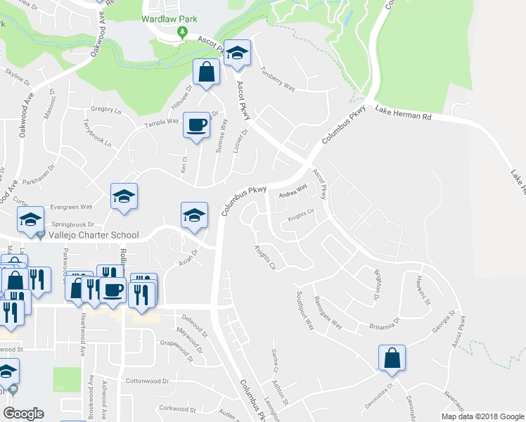 map of restaurants, bars, coffee shops, grocery stores, and more near 101 Coventry Way in Vallejo
