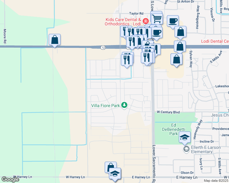 map of restaurants, bars, coffee shops, grocery stores, and more near 2833 Tulip Way in Lodi