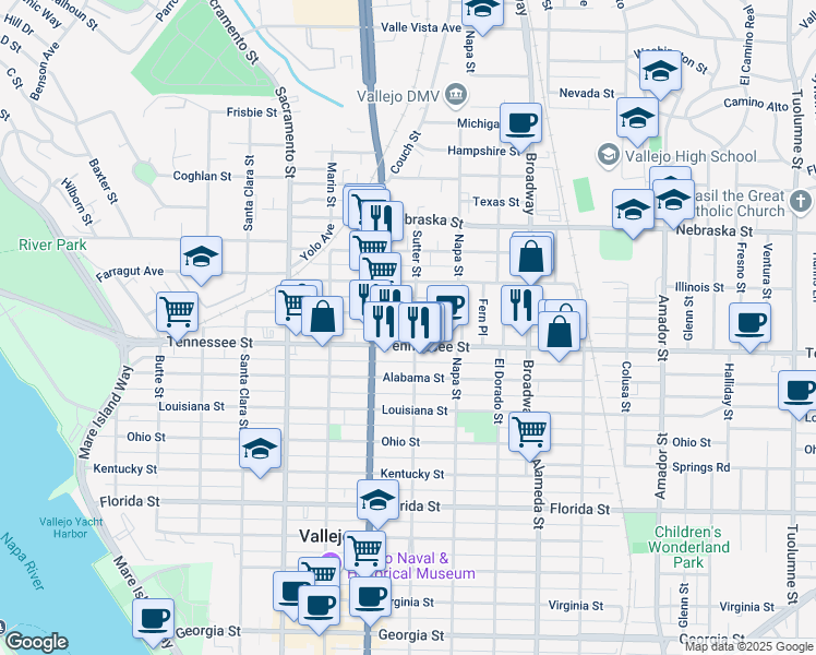 map of restaurants, bars, coffee shops, grocery stores, and more near 1710 Sutter Street in Vallejo