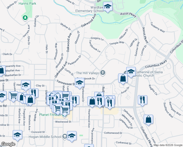 map of restaurants, bars, coffee shops, grocery stores, and more near 173 Evergreen Way in Vallejo