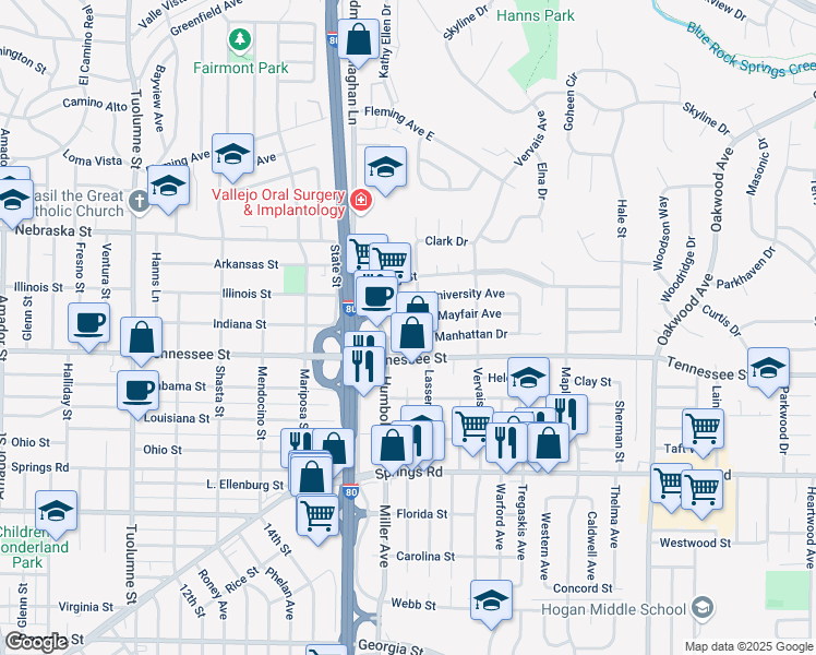 map of restaurants, bars, coffee shops, grocery stores, and more near 44 Admiral Callaghan Lane in Vallejo