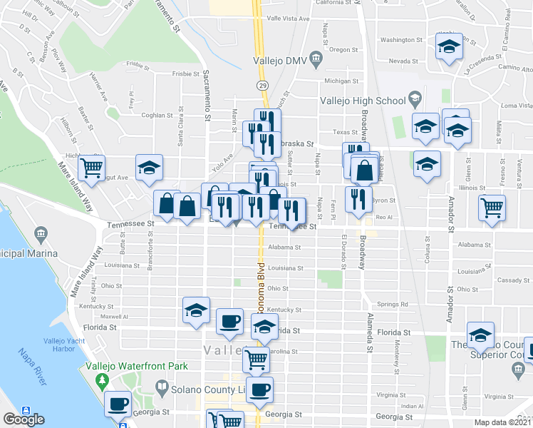 map of restaurants, bars, coffee shops, grocery stores, and more near 2616 Sonoma Boulevard in Vallejo
