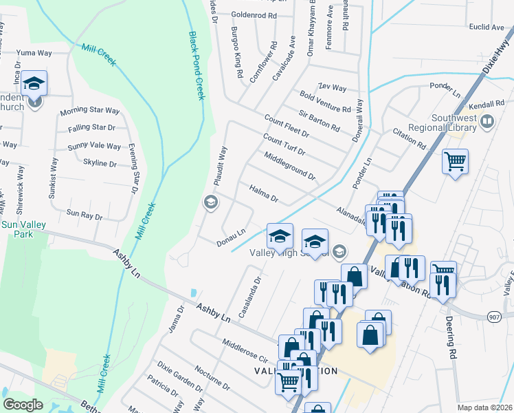 map of restaurants, bars, coffee shops, grocery stores, and more near 6001 Reigh Count Drive in Louisville