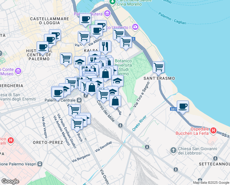 map of restaurants, bars, coffee shops, grocery stores, and more near 2 Via Gaspare Mignosi in Palermo