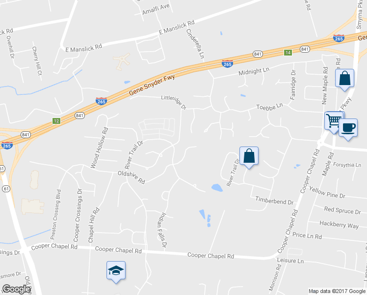 map of restaurants, bars, coffee shops, grocery stores, and more near 5313 Oldshire Road in Louisville