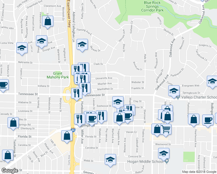 map of restaurants, bars, coffee shops, grocery stores, and more near 1104 Vervais Avenue in Vallejo