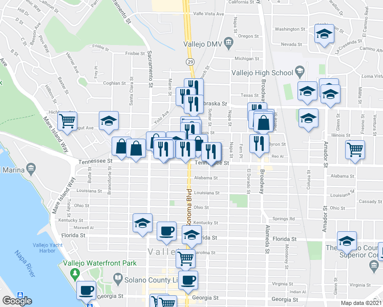 map of restaurants, bars, coffee shops, grocery stores, and more near 2618 Sonoma Boulevard in Vallejo