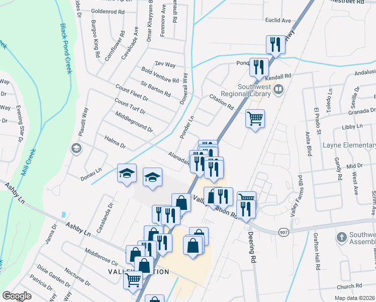 map of restaurants, bars, coffee shops, grocery stores, and more near 5805 Alanadale Drive in Louisville