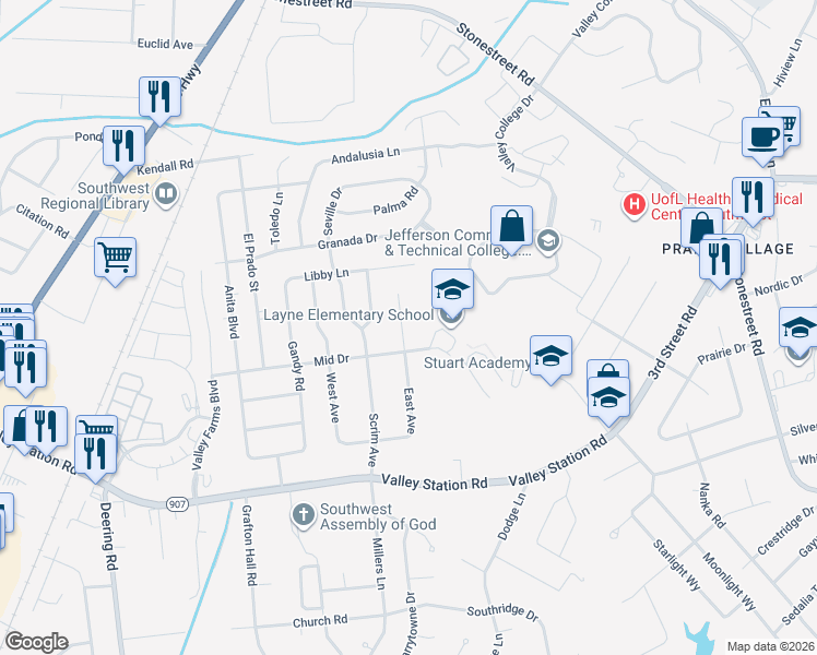 map of restaurants, bars, coffee shops, grocery stores, and more near 9815 East Avenue in Louisville