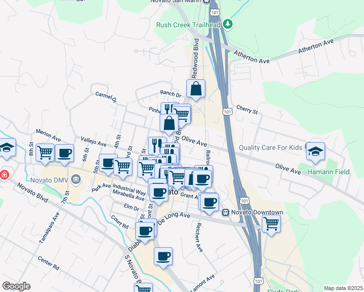 map of restaurants, bars, coffee shops, grocery stores, and more near 7460 Redwood Boulevard in Novato