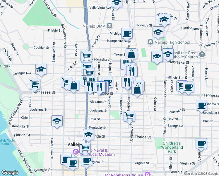 map of restaurants, bars, coffee shops, grocery stores, and more near 1621 Napa Street in Vallejo