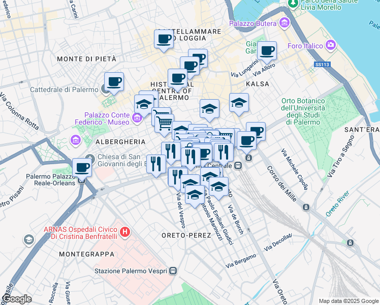 map of restaurants, bars, coffee shops, grocery stores, and more near 6 Via Dalmazio Birago in Palermo