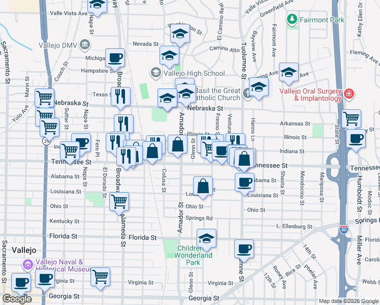 map of restaurants, bars, coffee shops, grocery stores, and more near 1307 Glenn Street in Vallejo