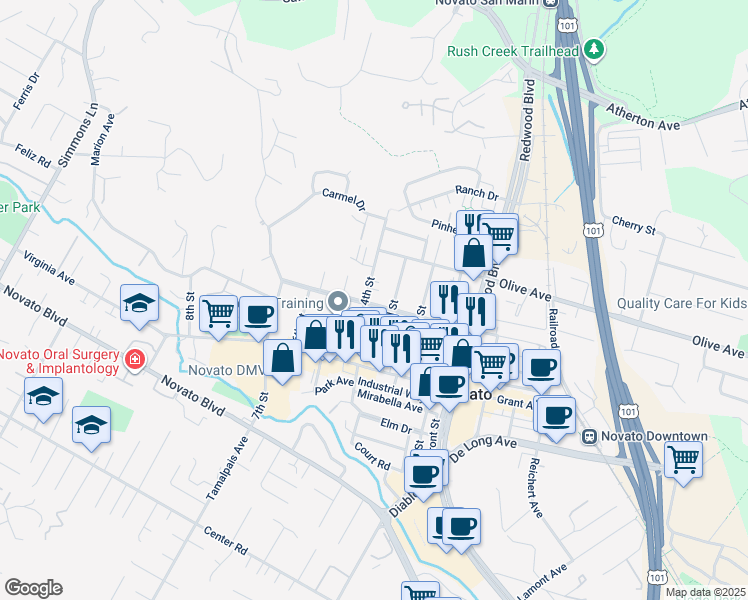 map of restaurants, bars, coffee shops, grocery stores, and more near 1400 Vallejo Avenue in Novato