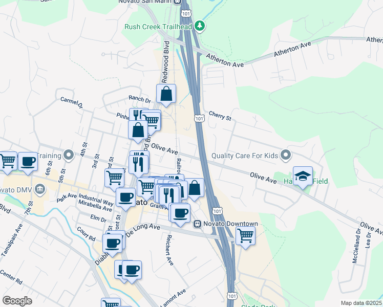 map of restaurants, bars, coffee shops, grocery stores, and more near 1 Elmwood Court in Novato
