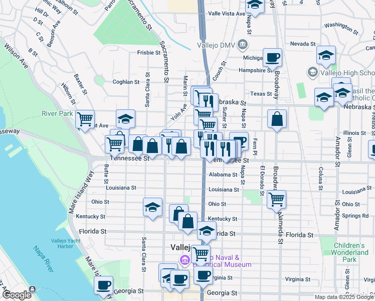 map of restaurants, bars, coffee shops, grocery stores, and more near 1518 Marin Street in Vallejo