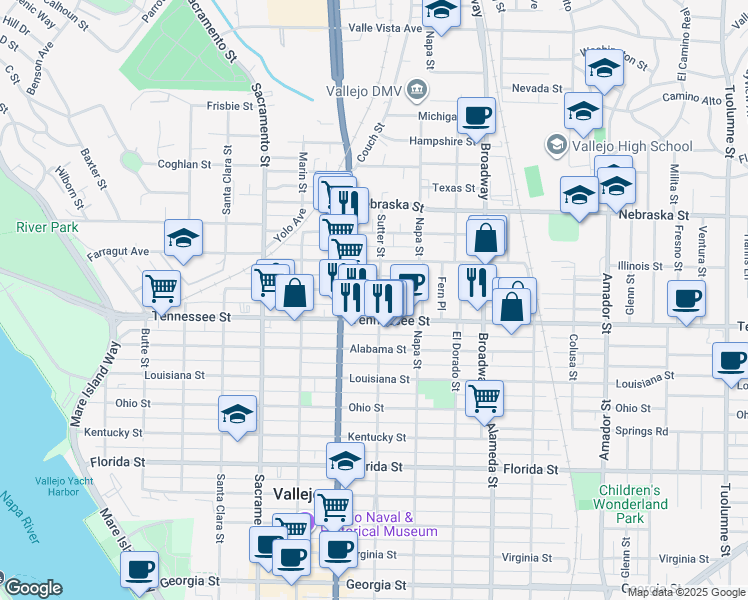 map of restaurants, bars, coffee shops, grocery stores, and more near 1717 Sutter Street in Vallejo